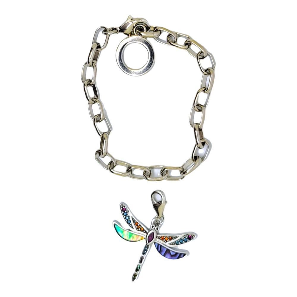 925 Sterling Silver Round Created Ruby Gemstone MOP Dragonfly Charm Bracelet 7"